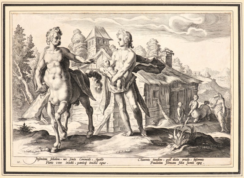 Anonymous after Hendrick Goltzius (Dutch, 1558 - 1617). Apollo Entrusting Chiron with the Education of Aesculapius, ca. 1590. From Metamorphoses. Engraving on wove paper. Plate: 176 mm x 254 mm (6.93 in. x 10 in.). Undescribed first state.