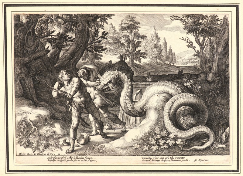 Anonymous after Hendrick Goltzius (Dutch, 1558 - 1617). The Dragon Devouring the Companions of Cadmus, ca. 1615. From Metamorphoses. Engraving on wove paper. Plate: 175 mm x 251 mm (6.89 in. x 9.88 in.).