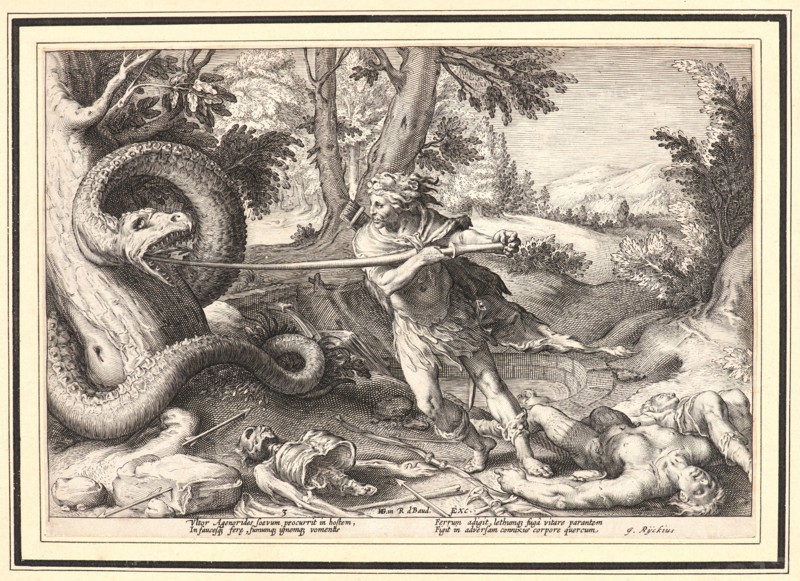 Anonymous after Hendrick Goltzius (Dutch, 1558 - 1617). Cadmus Killing the Dragon, ca. 1615. From Metamorphoses. Engraving on wove paper. Plate: 176 mm x 254 mm (6.93 in. x 10 in.).