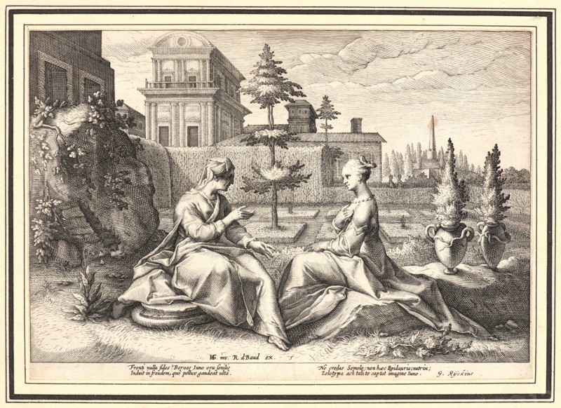 Anonymous after Hendrick Goltzius (Dutch, 1558 - 1617). Juno in the Form of Beroe, Nurse to Semele, Warning the Young Girl to Beware of Jupiter's Advances, ca. 1615. From Metamorphoses. Engraving on wove paper. Plate: 167 mm x 251 mm (6.57 in. x 9.88 in.).