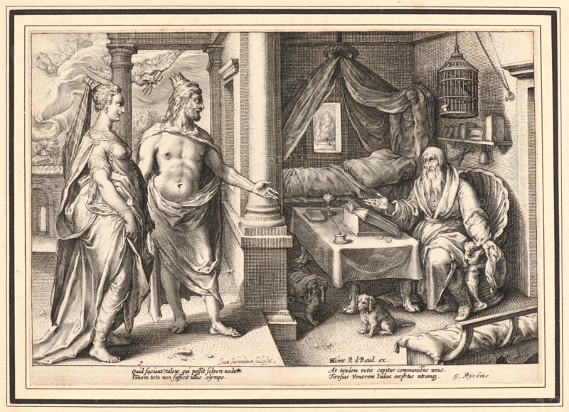Anonymous after Hendrick Goltzius (Dutch, 1558 - 1617). Tiresias, Having Been Changed into a Woman and Back into a Man, Answers the Question, ca. 1615. From Metamorphoses. Engraving on wove paper. Plate: 176 mm x 255 mm (6.93 in. x 10.04 in.).