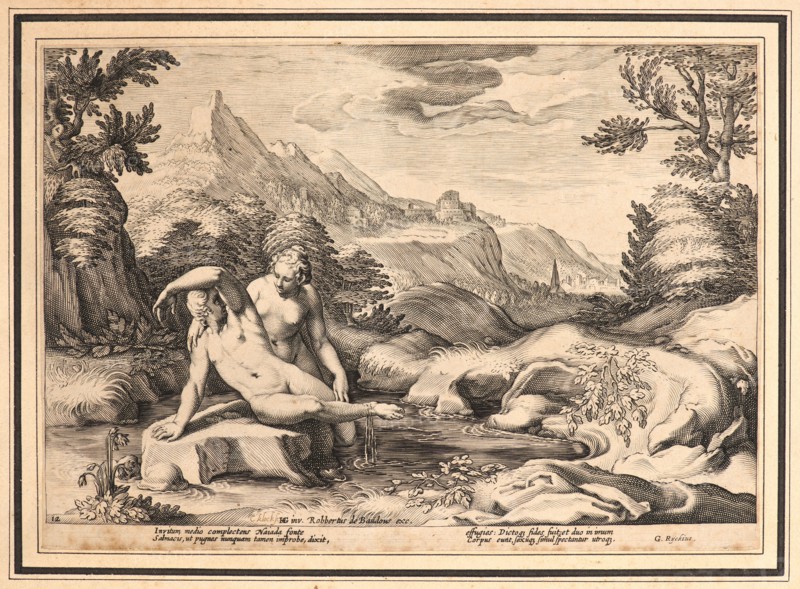 Anonymous after Hendrick Goltzius (Dutch, 1558 - 1617). Salamacis and Hermaphrodite Transformed into a Single Person, ca. 1615. From Metamorphoses. Engraving on wove paper. Plate: 178 mm x 253 mm (7.01 in. x 9.96 in.).
