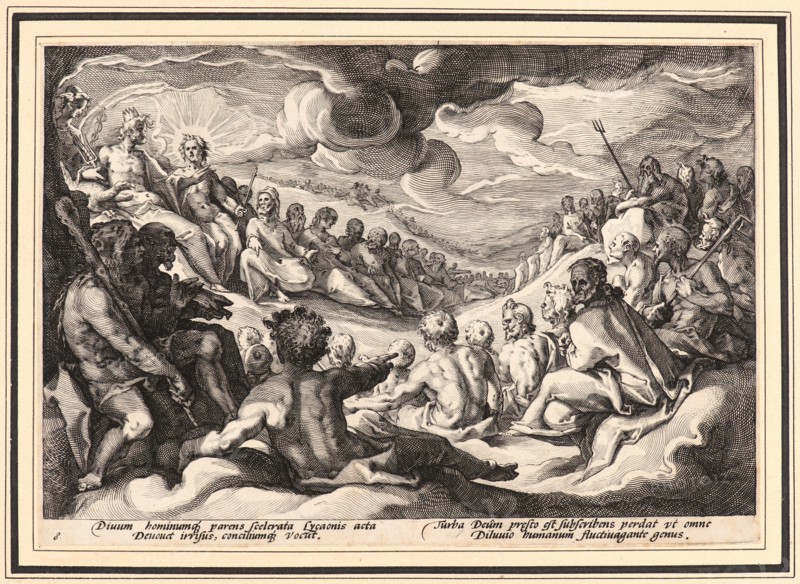 Anonymous after Hendrick Goltzius (Dutch, 1558 - 1617). Jupiter Taking Counsel from the Gods about the Destruction of the Universe, ca. 1589. From Metamorphoses. Engraving on wove paper. Plate: 174 mm x 252 mm (6.85 in. x 9.92 in.).
