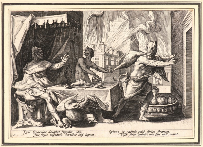 Anonymous after Hendrick Goltzius (Dutch, 1558 - 1617). Lycaon Changed into a Wolf, ca. 1589. From Metamorphoses. Engraving on wove paper. Plate: 176 mm x 254 mm (6.93 in. x 10 in.).