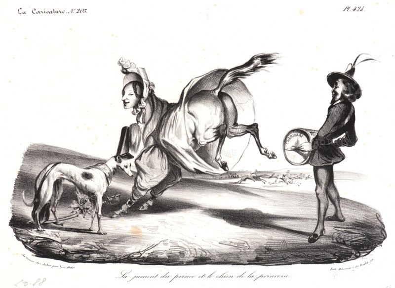 Honoré Daumier (French, 1808 - 1879). La Jument du Prince et le Chien de la Princesse, 1834. Lithograph on white wove paper. Image: 181 mm x 325 mm (7.13 in. x 12.8 in.).