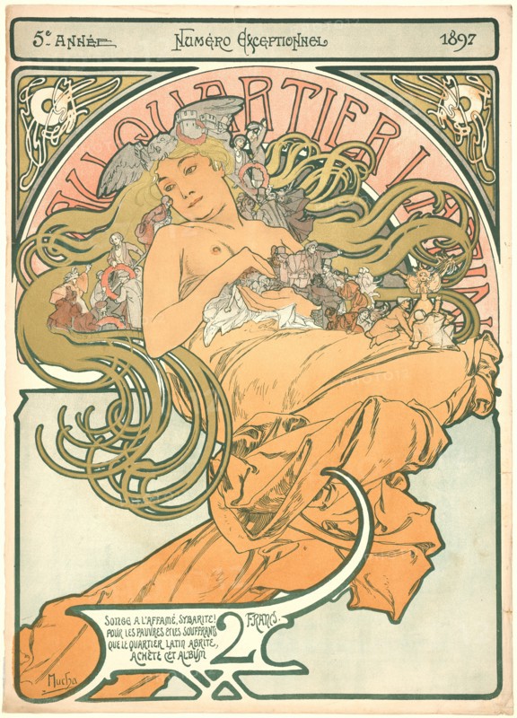 Alphonse Mucha (Czech, 1860 - 1939). Au Quartier Latin, 1897. Color lithograph printed in 6 colors on wove paper. Image: 450 mm x 340 mm (17.72 in. x 13.39 in.).