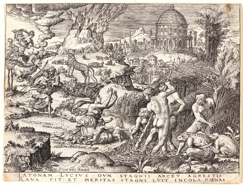 Etienne Delaune (French, ca. 1519-1583) after Giovanni Francesco Penni (aka Francesco Penni il Fattore, Italian, ca. 1496 - ca. 1528). Latona Transforms the Lykian Peasants Who Had Insulted Her into Frogs (Ovid, Metamorphoses VI, 314-338), 16th century. From History of Apollo and Diana [set of six]. Engraving. First of two states.