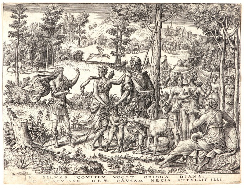 Etienne Delaune (French, ca. 1519-1583) after Giovanni Francesco Penni (aka Francesco Penni il Fattore, Italian, ca. 1496 - ca. 1528). Diana Receiving the Giant Orion, Followed by Her Suite, 16th century. From History of Apollo and Diana [set of six]. Engraving. First of two states.