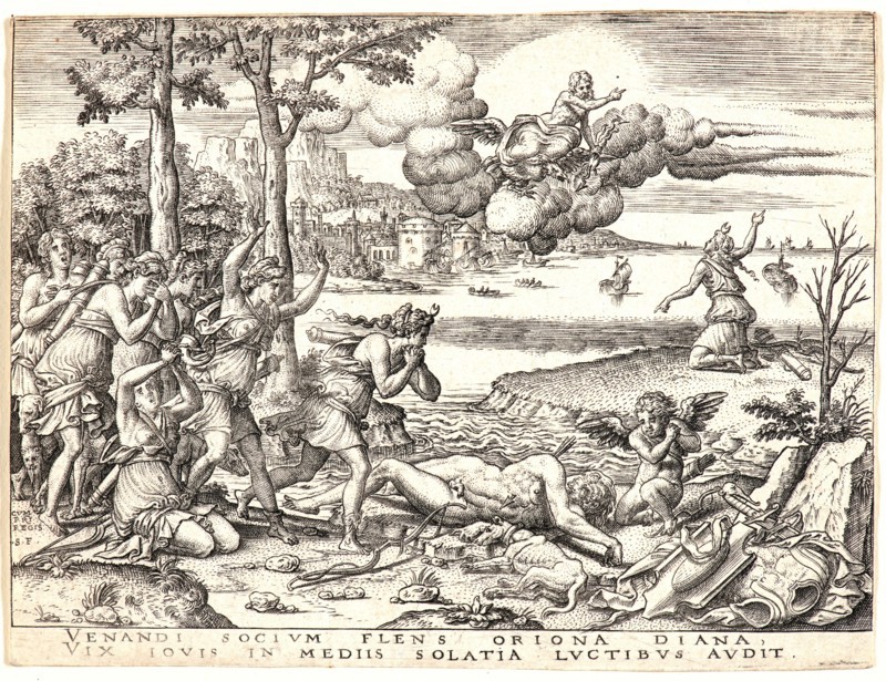 Etienne Delaune (French, ca. 1519-1583) after Giovanni Francesco Penni (aka Francesco Penni il Fattore, Italian, ca. 1496 - ca. 1528). Diana Deploring the Death of Orion, 16th century. From History of Apollo and Diana [set of six]. Engraving. First of two states.