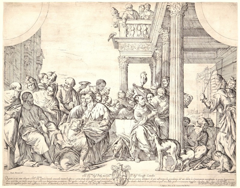 Giuseppe Maria Mitelli (Italian, 1634 - 1718) after Paolo Veronese (Italian, 1528 - 1588). St. Magdalen Anointing the Feet of Christ in the House of Simon the Pharisee. Engraving and etching.