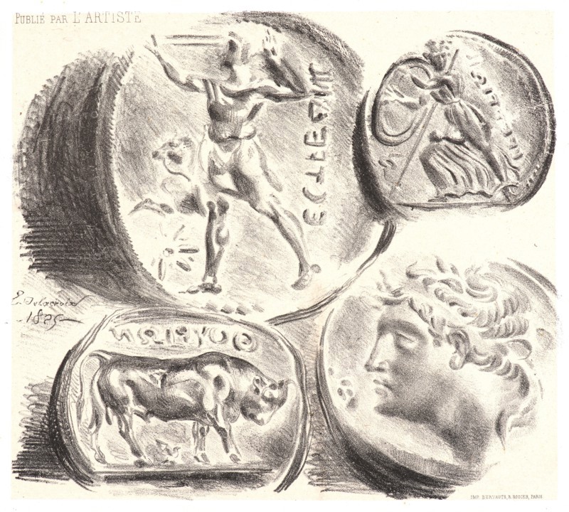 EugÃ¨ne Delacroix (French, 1798 - 1863). Four Antique Medals (Quatre Médailles Antiques), 1825. Lithograph. Third state.