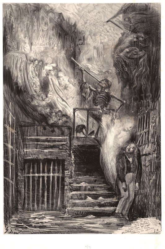 Gustave Doré (French, 1832 - 1883). The Death of Gérard de Nerval (La Rue de la Vieille Lanterne, La Mort de Gérard de Nerval), 1855. Lithograph on China paper laid down. Image: 509 mm x 350 mm (20.04 in. x 13.78 in.).
