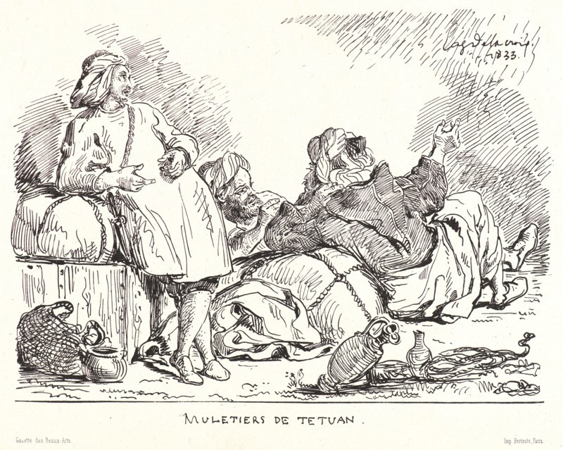 EugÃ¨ne Delacroix (French, 1798 - 1863). Muletiers de Tetuan. Pen lithograph on loose China paper. Second state.
