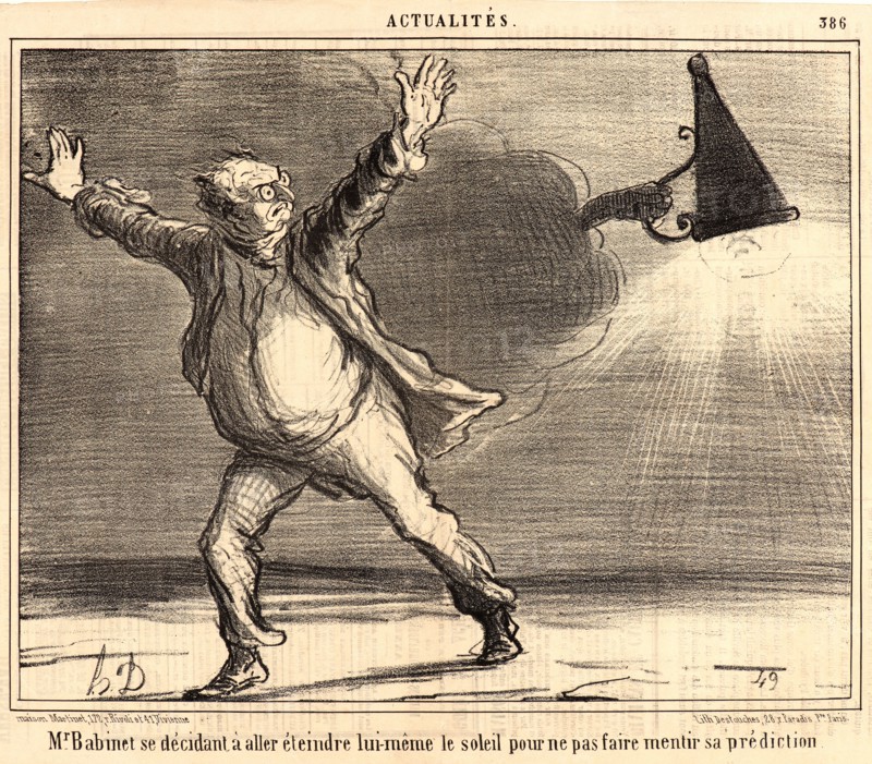 Honoré Daumier (French, 1808 - 1879). M. Babinet se decidant Ã  ... eteindre ... le soleil, 1857. Lithograph on newsprint paper. Image: 206 mm x 264 mm (8.11 in. x 10.39 in.). Second of two states.