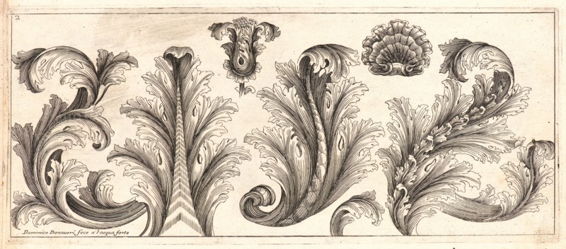 Domenico Bonavera (aka Domenico Bonaveri) (Italian, ca. 1640 - ca. 1700). Plate 2 from the set of Twelve Ornament Friezes, ca. 1670. Etching. Plate: 278 mm x 116 mm (10.94 in. x 4.57 in.).