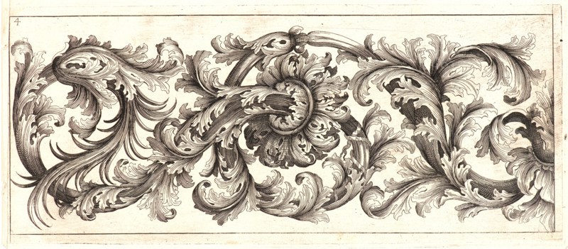 Domenico Bonavera (aka Domenico Bonaveri) (Italian, ca. 1640 - ca. 1700). Plate 4 from the set of Twelve Ornament Friezes, ca. 1670. Etching. Plate: 278 mm x 116 mm (10.94 in. x 4.57 in.).