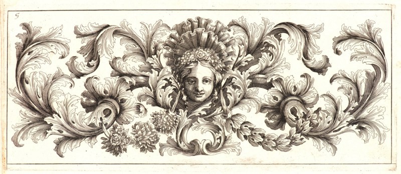 Domenico Bonavera (aka Domenico Bonaveri) (Italian, ca. 1640 - ca. 1700). Plate 5 from the set of Twelve Ornament Friezes, ca. 1670. Etching. Plate: 278 mm x 116 mm (10.94 in. x 4.57 in.).