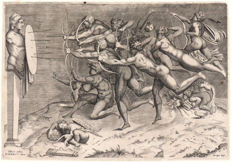 Attributed to Nicolas Béatrizet (French, born 1507 or 1515, died ca. 1565) after Michelangelo Buonarroti (Italian, 1475 - 1564). Vices Aiming at a Target, ca. 1548-1560. Engraving. Plate: 353 mm x 243 mm (13.9 in. x 9.57 in.).
