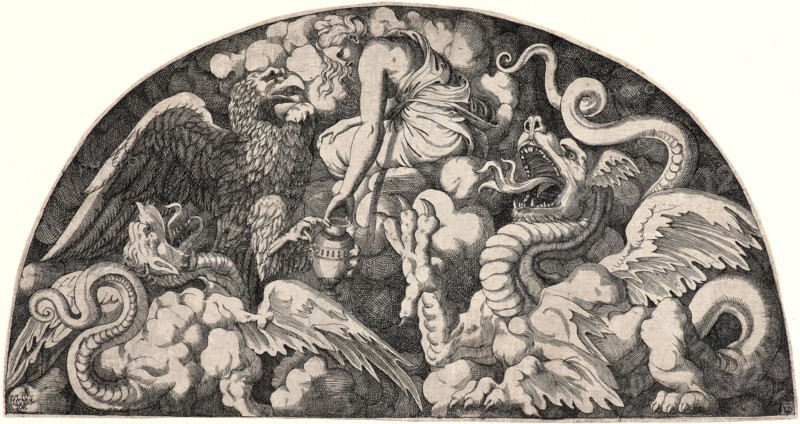 Monogrammist L. D. (aka Leon Davent, French, active 1540-1556) after Giulio Romano (Italian, probably 1499-1546). Jupiter's Eagle Bringing Psyche Water from the River Styx, 1540 (possibly). Etching on laid paper. Plate: 205 mm x 393 mm (8.07 in. x 15.47 in.). Only state.