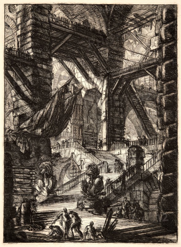 Giovanni Battista Piranesi (Italian, 1720 - 1778). The Staircase with Trophies, 1761. From Carceri d'Invenzione di G. Battista Piranesi, Archit[etto] Vene[ziano]. Etching. Plate: 345 mm x 396 mm (13.58 in. x 15.59 in.). Second of three states.