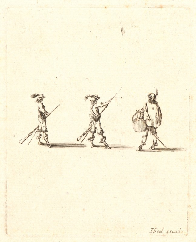 Stefano Della Bella (Italian, 1610 - 1664). Deux soldats faisant l'exercise du fusil et un troisiÃ¨me battant du tambour, 17th century. From Recueil de diverses piÃ¨ces trÃ¨s necéssaires Ã  la fortification. Etching.
