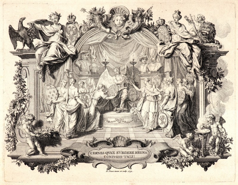 Bernard Picart (French, 1673 - 1733). Cernes Quae Surgere Regna / Coniugio Tali!, 1732. Etching and engraving on laid paper. Plate: 143 mm x 186 mm (5.63 in. x 7.32 in.).