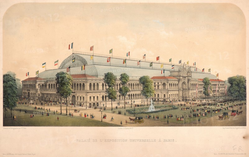 Victor Petit (French, born 1817 - ). Palais de l'exposition universelle Ã  Paris, ca. 1867. Lithograph with hand coloring on heavy cream wove paper. Image: 210 mm x 413 mm (8.27 in. x 16.26 in.).