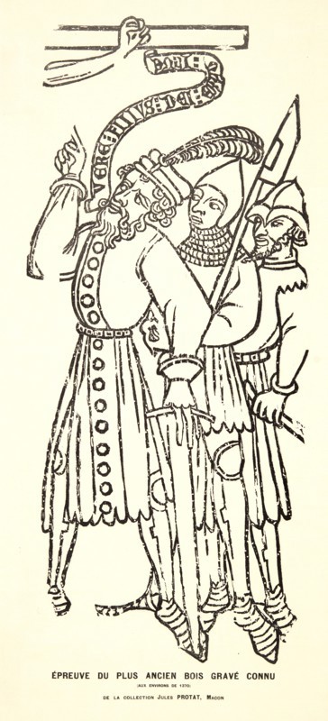 Anonymous. Untitled Fragment of a Crucifixion, late 14th century (restrike printed 1900). Woodcut, probably pulled from electrotype of original block on laid paper. Sheet: 633 mm x 279 mm (24.92 in. x 10.98 in.). Anonymous gift, 1978. DAC accession no. 1978.5.1.