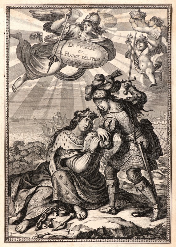 Abraham Bosse (French, 1602-1676) after Claude Vignon (French, 1593 - 1670). Title page for Joan of Arc, or France Liberated (La Pucelle ou La France delivrée), ca. 1657. From Joan of Arc, or France Liberated (La Pucelle ou La France delivrée). Engraving on laid paper. Plate: 260 mm x 182 mm (10.24 in. x 7.17 in.).