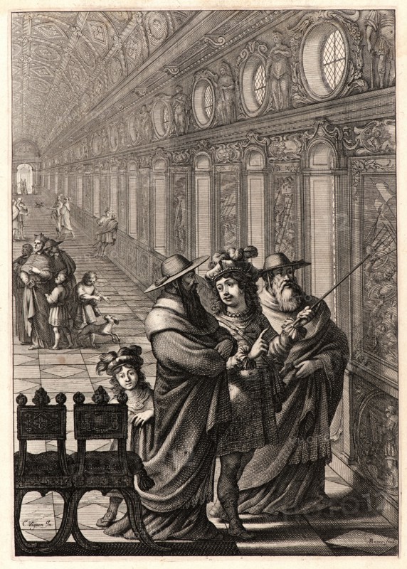 Abraham Bosse (French, 1602-1676) after Claude Vignon (French, 1593 - 1670). Roger, with Cardinals, in a Picture Gallery, ca. 1657. From Joan of Arc, or France Liberated (La Pucelle ou La France delivrée). Engraving on laid paper. Plate: 260 mm x 182 mm (10.24 in. x 7.17 in.).