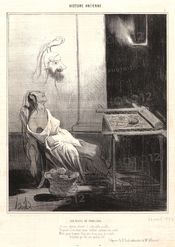 Honoré Daumier (French, 1808 - 1879). The Nights of Penelope (Les Nuits de Penelope), 1842. From Histoire Ancienne. Lithograph on wove newsprint paper. Image: 236 mm x 188 mm (9.29 in. x 7.4 in.). Third of three states.