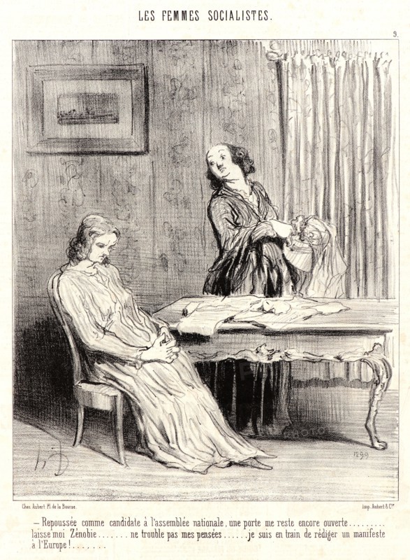 Honoré Daumier (French, 1808 - 1879). Repoussée comme candidate Ã  l'assemblée nationale..., 1849. From Les Femmes Socialistes. Lithograph on wove newsprint paper. Image: 258 mm x 208 mm (10.16 in. x 8.19 in.). Second of two states.