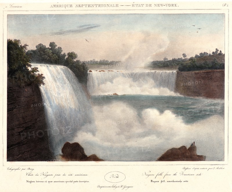 Isidore-Laurent Deroy (French, 1797 - 1886) after Jacques Gerard Milbert (French, 1766 - 1840). Niagara Falls from the American Side, 1827-1828. From Itinéraire Pittoresque du Fleuve Hudson et des Parties Latérales de l'Amérique d. Lithograph with hand coloring on wove paper mounted on wove paper. Image: 196 mm x 290 mm (7.72 in. x 11.42 in.).