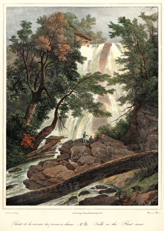 Louis-Pierre-Alphonse Bichebois (French, 1801-1850) after Jacques Gerard Milbert (French, 1766-1840). Falls on the Flint River, ca. 1827-1828. From Itinéraire Pittoresque du Fleuve Hudson et des Parties Latérales de l'Amérique d. Lithograph with hand coloring on wove paper. Image: 270 mm x 207 mm (10.63 in. x 8.15 in.).