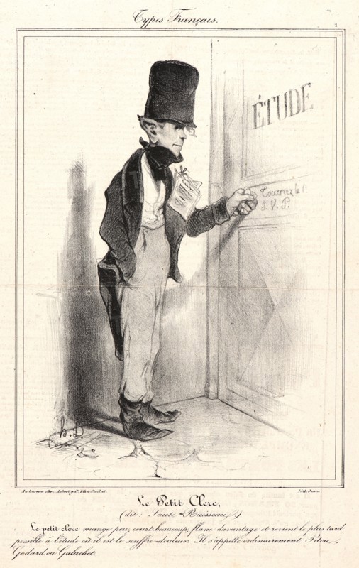 Honoré Daumier (French, 1808 - 1879). Le Petit Clerc, 1835. From Types FranÃ§ais. Lithograph on wove newsprint paper. Image: 236 mm x 166 mm (9.29 in. x 6.54 in.). Second of two states.