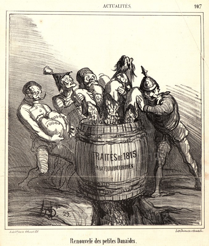 Honoré Daumier (French, 1808 - 1879). Renouvelé des petites DanaiÂ¨des, 1866. From Actualités. Lithograph on wove newsprint paper. Image: 239 mm x 219 mm (9.41 in. x 8.62 in.). Third of four states.