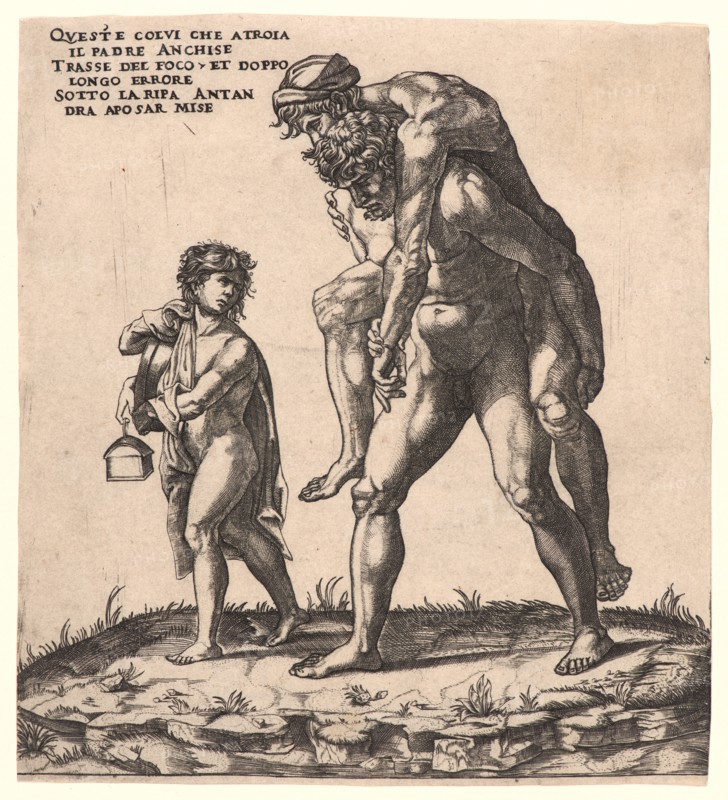 Giovanni Jacopo Caraglio (Italian, ca. 1500/1505â€ì1565) after Raphael (Italian, 1483-1520). Aeneas Rescuing His Father, Anchises, ca. 1527- 1538. Engraving on laid paper. Sheet: 208 mm x 188 mm (8.19 in. x 7.4 in.). Only state.