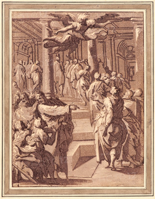 Anonymous after Perino del Vaga (Italian, 1501-1547). Christ Healing the Paralytic, ca. 1530-1540. Chiaroscuro woodcut printed from four blocks in pale violet, medium violet, purple-brown, and dark purple-brown on laid paper laid down on 17th-century French mount with watercolor and ink borders. Image: 272 mm x 204 mm (10.71 in. x 8.03 in.).