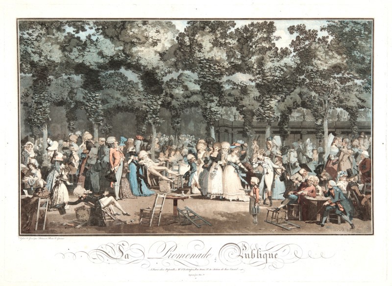 Philibert Louis Debucourt (French, 1755 - 1832). Public Promenade (La Promenade Publique), 1792. Etching, engraving, and aquatint from four plates printed in pink, blue, ochre, and black ink on heavy wove paper. Plate: 485 mm x 645 mm (19.09 in. x 25.39 in.). Fourth of four states.
