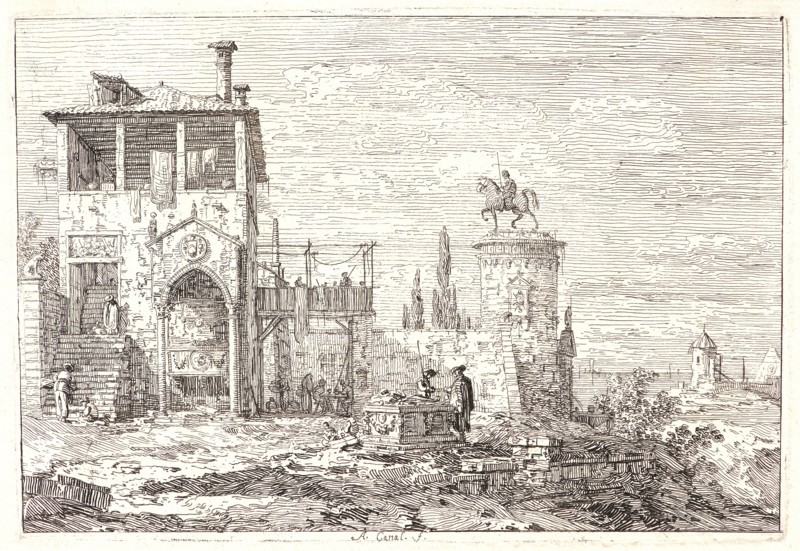 Canaletto (aka Antonio Canale) (Italian, 1697 - 1768). Landscape with an Equestrian Statue (Paysage avec une Statue Equestre), ca. 1741-1745. Etching.