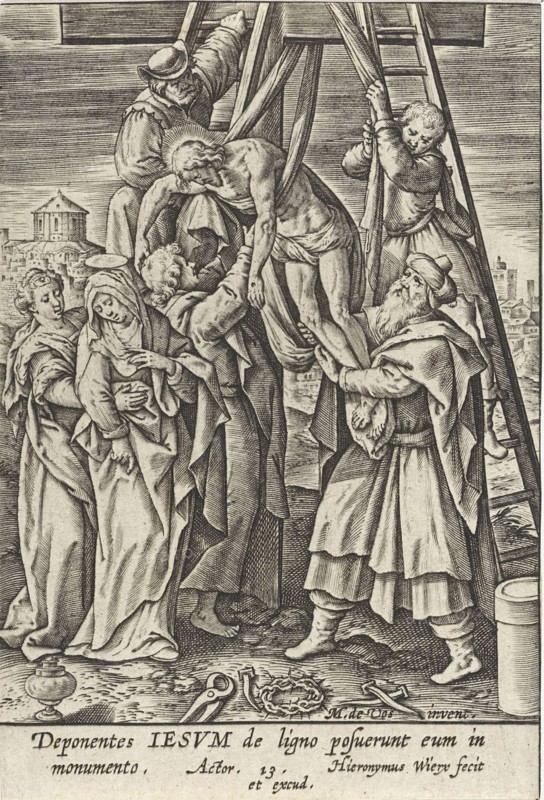 Deposition, print maker: Hieronymus Wierix, Maerten de Vos, Hieronymus Wierix, 1563 - before 1619
