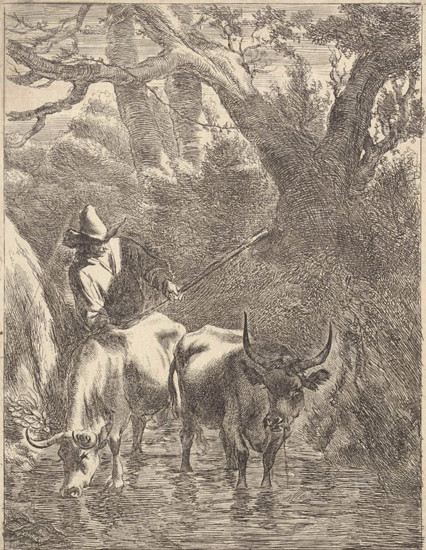 Shepherd drives two oxen by a stream, Jan de Visscher, Nicolaes Pietersz. Berchem, 1643 - 1692