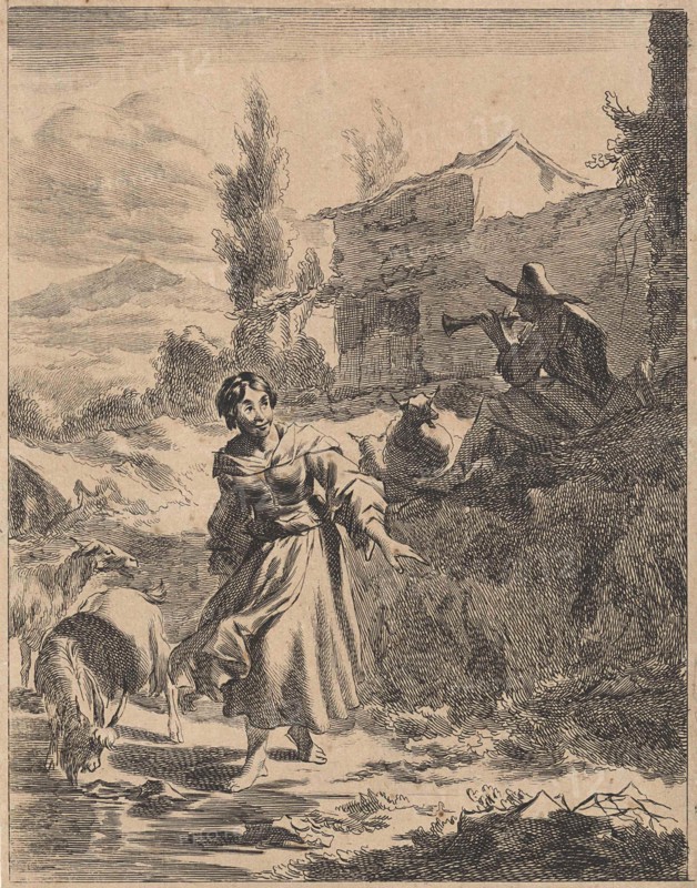In a hilly landscape is a shepherd playing the flute while a shepherdess lets her goats drink from a pond, in the background a house, print maker: Jan de Visscher, Dating 1643 - 1692