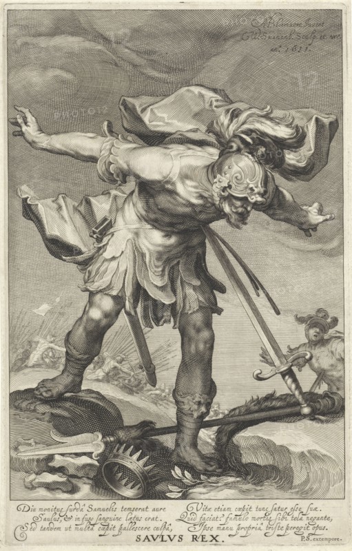 King Saul throws himself on his sword, William Isaacsz. of Swanenburg, Petrus Scriverius, 1611