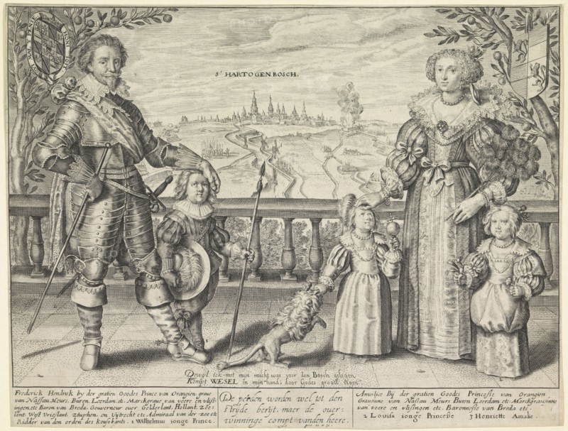 Family Portrait of Frederik Hendrik, Amalia and their children William II, Henriette and Louise Henriette Amalia, on a balcony, in the distance the city of Den Bosch, The Netherlands, print maker: Crispijn van de Passe (II), Dating 1629