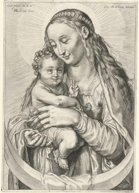 Mary with Child and crescent moon, Hendrick Goltzius, Jacob Matham, Rudolf II van Habsburg (Duits keizer), 1610 - 1612