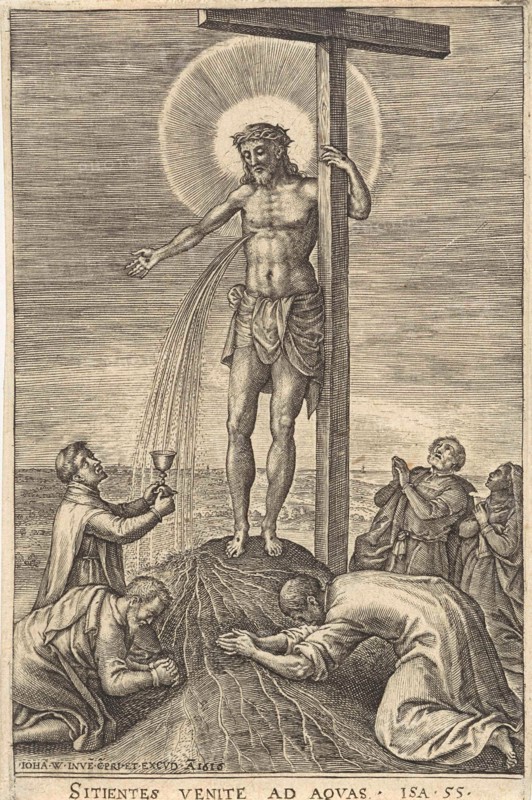 Monk catches the blood of Christ, Johannes Wierix, 1616