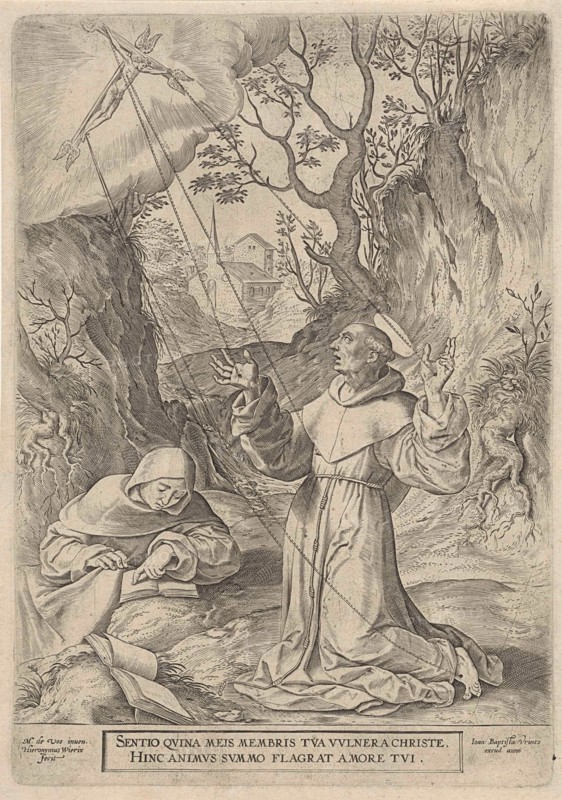 Francis of Assisi receiving the stigmata of Christ, Hieronymus Wierix, Johannes Baptista Vrints (I), 1584