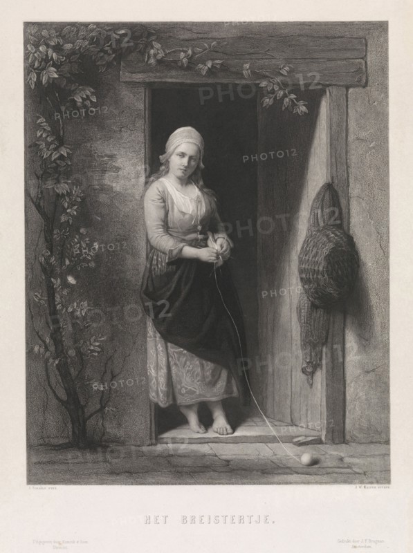 Young woman with knitting, Johann Wilhelm Kaiser (I), Kemink & Zoon, J.F. Brugman, 1823 - 1900