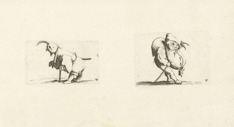 Dwarf with sling, stool and sword; Dwarf with walking stick, Jacques Callot, Abraham Bosse, 1621 - 1676